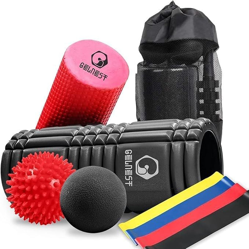 Gelnest 5 in 1 Foam Roller Set with Resistance Bands, Massage Balls & Carry Bag, High Density Deep Tissue Foam Roller for Muscle Recovery, Physio, Pilates, Yoga, Back, Legs & Full Body Massage