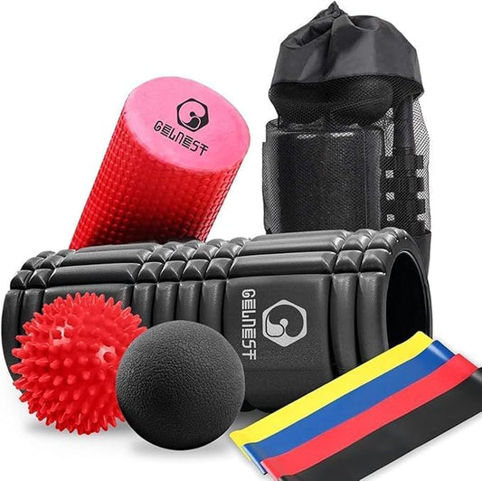Gelnest 5 in 1 Foam Roller Set with Resistance Bands, Massage Balls & Carry Bag, High Density Deep Tissue Foam Roller for Muscle Recovery, Physio, Pilates, Yoga, Back, Legs & Full Body Massage