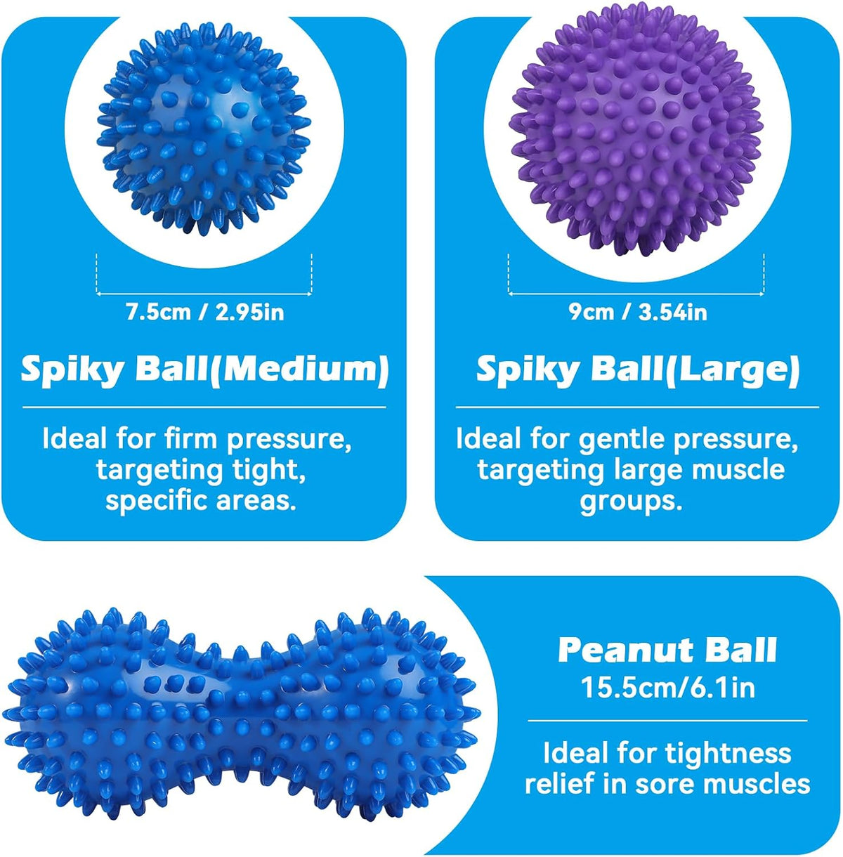 Spiky Massage Balls, 3 Pack Hard Spiky Massage Ball Set, Spiky Ball, Peanut Massage Ball for Plantar Fasciitis, Trigger Point, Deep Tissue, Myofascial Release & Muscle Tension