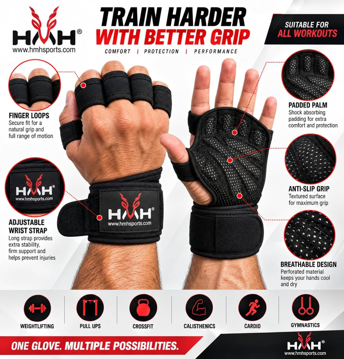 Gym Gloves Weight Lifting Gloves Wrist Support Adjustable Straps for Men Women anti Slink Padded Gloves Extra Grip Palm Protection Breathable Lifting Exercise Workout