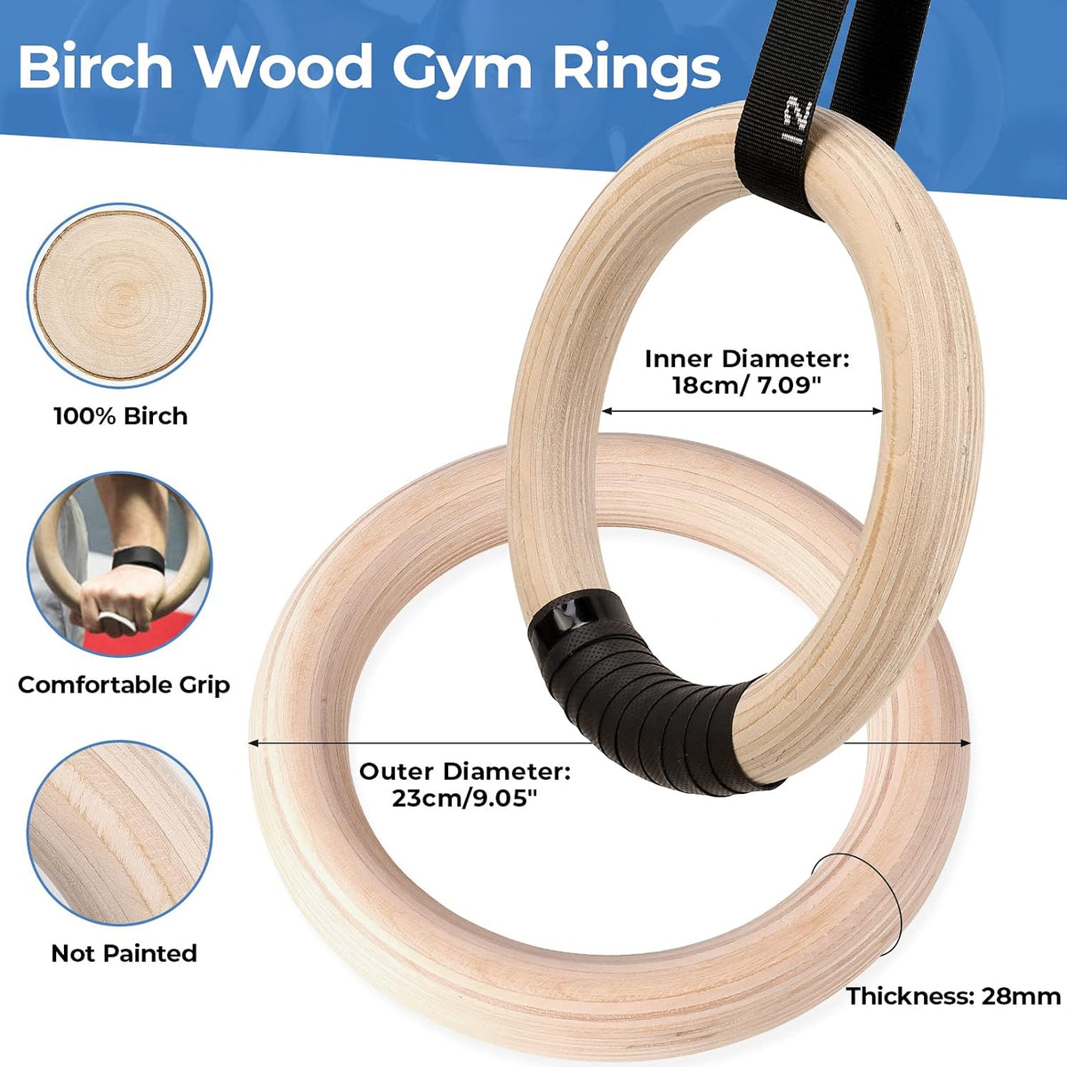 Gymnastics Rings 28Mm/32Mm, Wooden Birch Rings with Grip Strap
