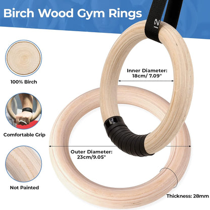 Gymnastics Rings 28Mm/32Mm, Wooden Birch Rings with Grip Strap