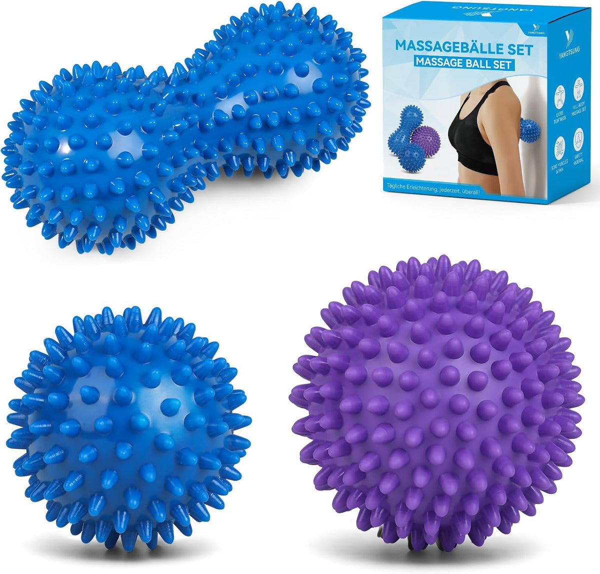 Spiky Massage Balls, 3 Pack Hard Spiky Massage Ball Set, Spiky Ball, Peanut Massage Ball for Plantar Fasciitis, Trigger Point, Deep Tissue, Myofascial Release & Muscle Tension