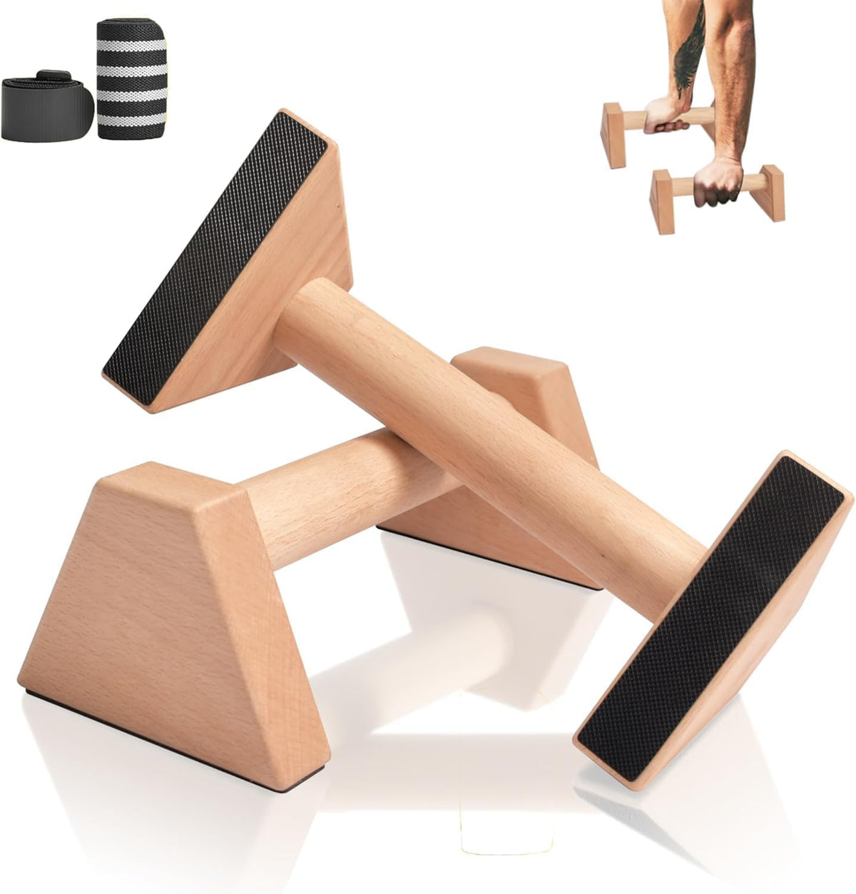 Wooden Parallettes Bars, Solid Push-Up Bars, Non-Slip Footed Handstand Bars, Calisthenics Equipment for Fitness, Gymnastics & Strength Training (Wrist Wraps Included)