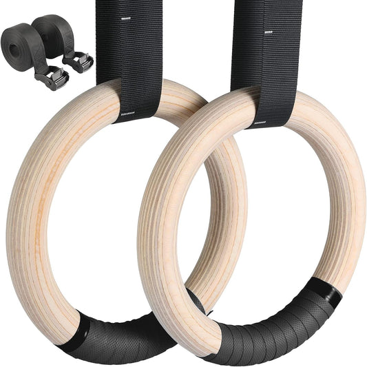 Gymnastics Rings 28Mm/32Mm, Wooden Birch Rings with Grip Strap