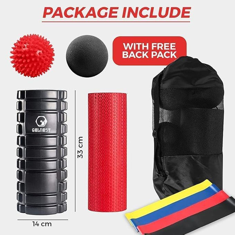 Gelnest 5 in 1 Foam Roller Set with Resistance Bands, Massage Balls & Carry Bag, High Density Deep Tissue Foam Roller for Muscle Recovery, Physio, Pilates, Yoga, Back, Legs & Full Body Massage