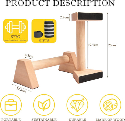 Wooden Parallettes Bars, Solid Push-Up Bars, Non-Slip Footed Handstand Bars, Calisthenics Equipment for Fitness, Gymnastics & Strength Training (Wrist Wraps Included)