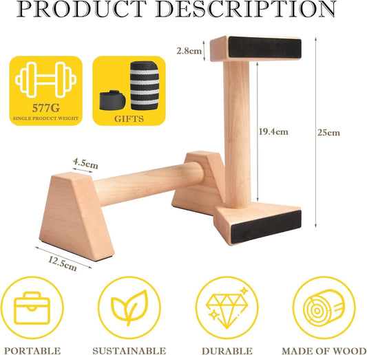 Wooden Parallettes Bars, Solid Push-Up Bars, Non-Slip Footed Handstand Bars, Calisthenics Equipment for Fitness, Gymnastics & Strength Training (Wrist Wraps Included)